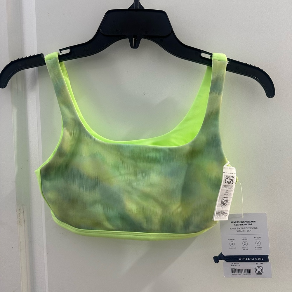 NEW Athleta Reversible Neon Green Tie-Dye Bikini Top Girls XL NWT